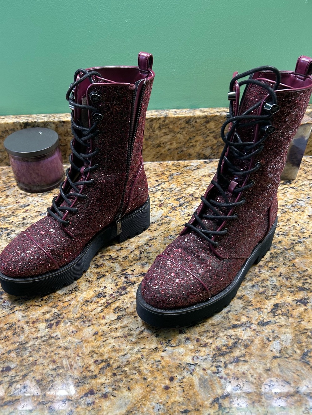 Michael Kors Burgundy Glitter Lace-Up Combat Boots - Picture 2 of 7
